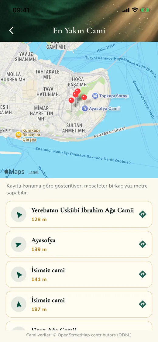 En yakın cami: haritada çevredeki camiler ve mesafeleriyle liste