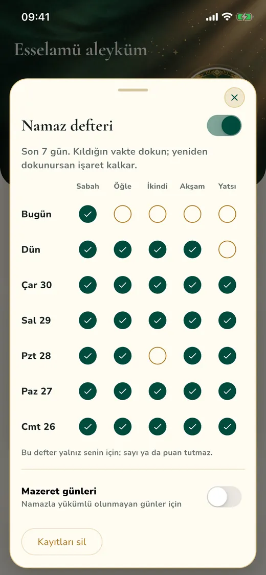 Namaz defteri: son 7 gün için 5 vakitlik işaretleme ızgarası