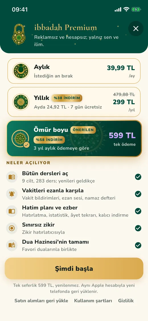 ibbadah Premium sayfası: aylık, yıllık ve ömür boyu seçenekleri